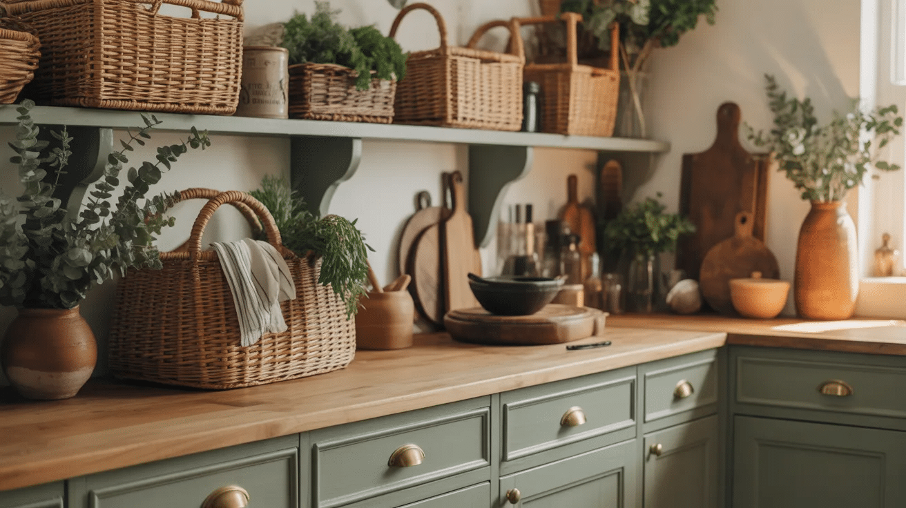 Sage green cabinets styled with woven baskets and natural decor in rustic kitchen
