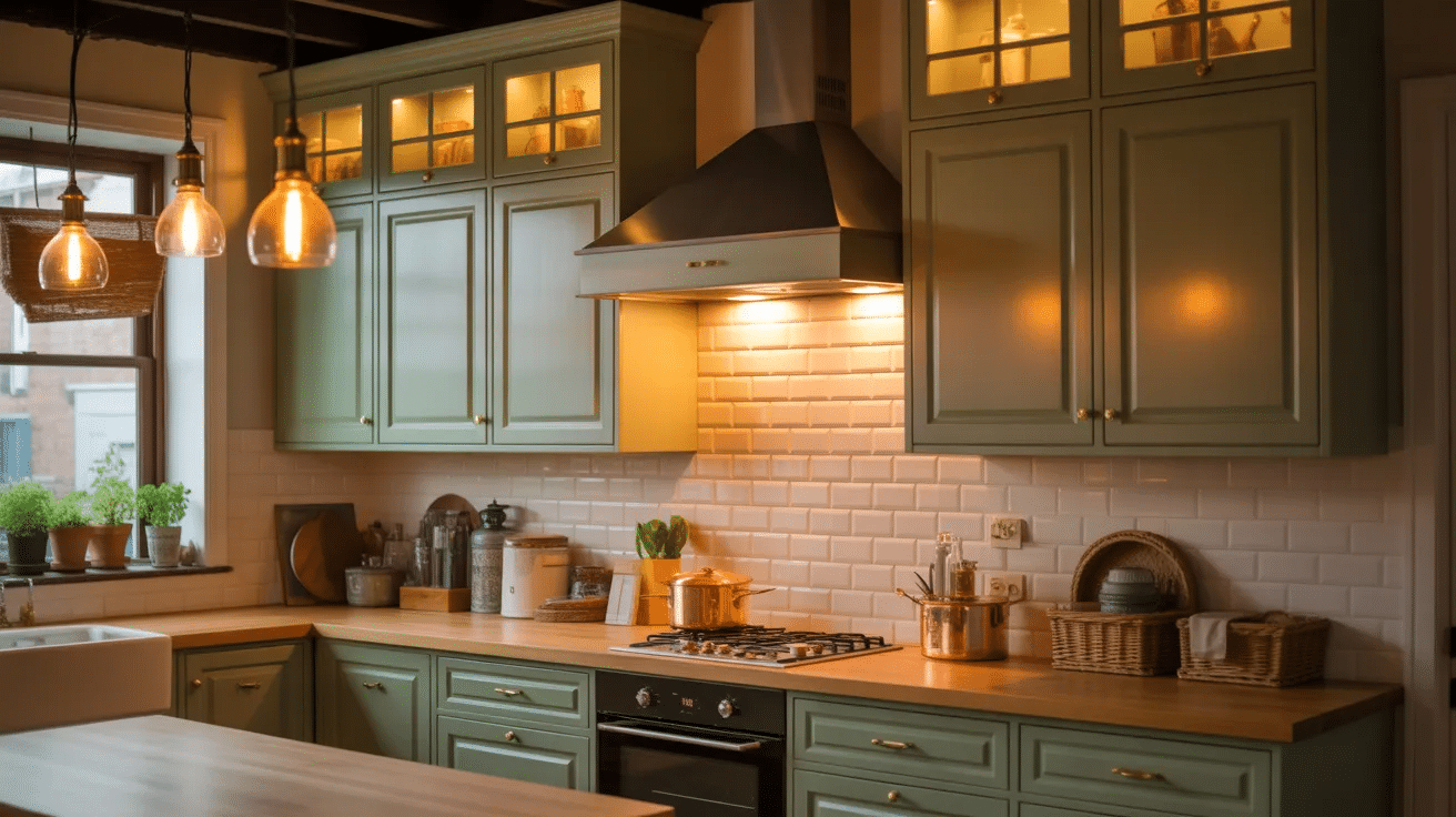 Sage green cabinets under warm lighting creating a cozy and inviting rustic kitchen