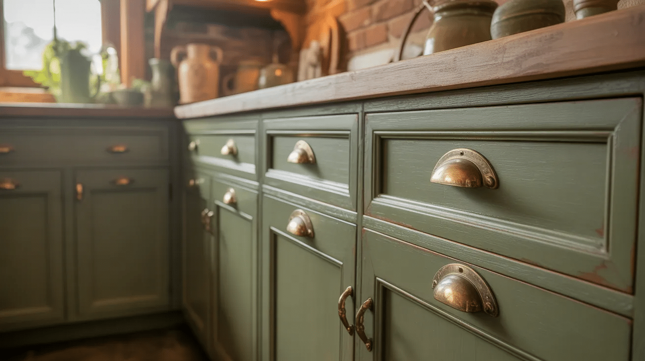Sage green cabinets with aged brass hardware adding warmth to rustic kitchen design