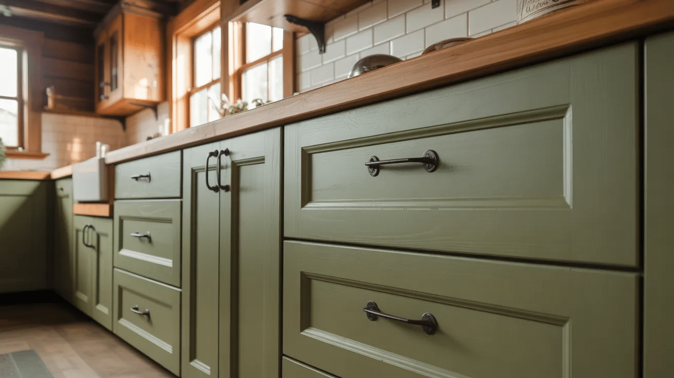 Sage green cabinets with black iron handles creating bold rustic kitchen contrast