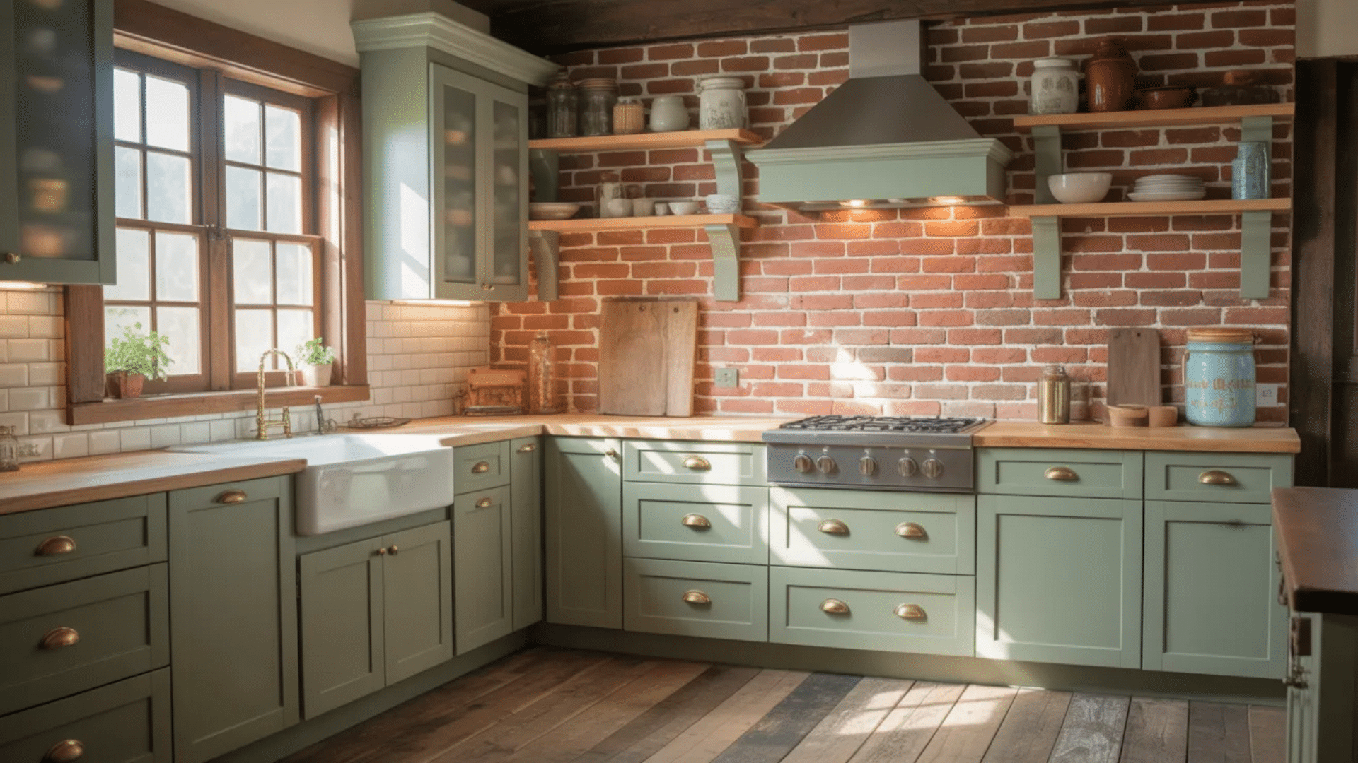 Sage green cabinets with brick backsplash adding texture and warmth to rustic kitchen
