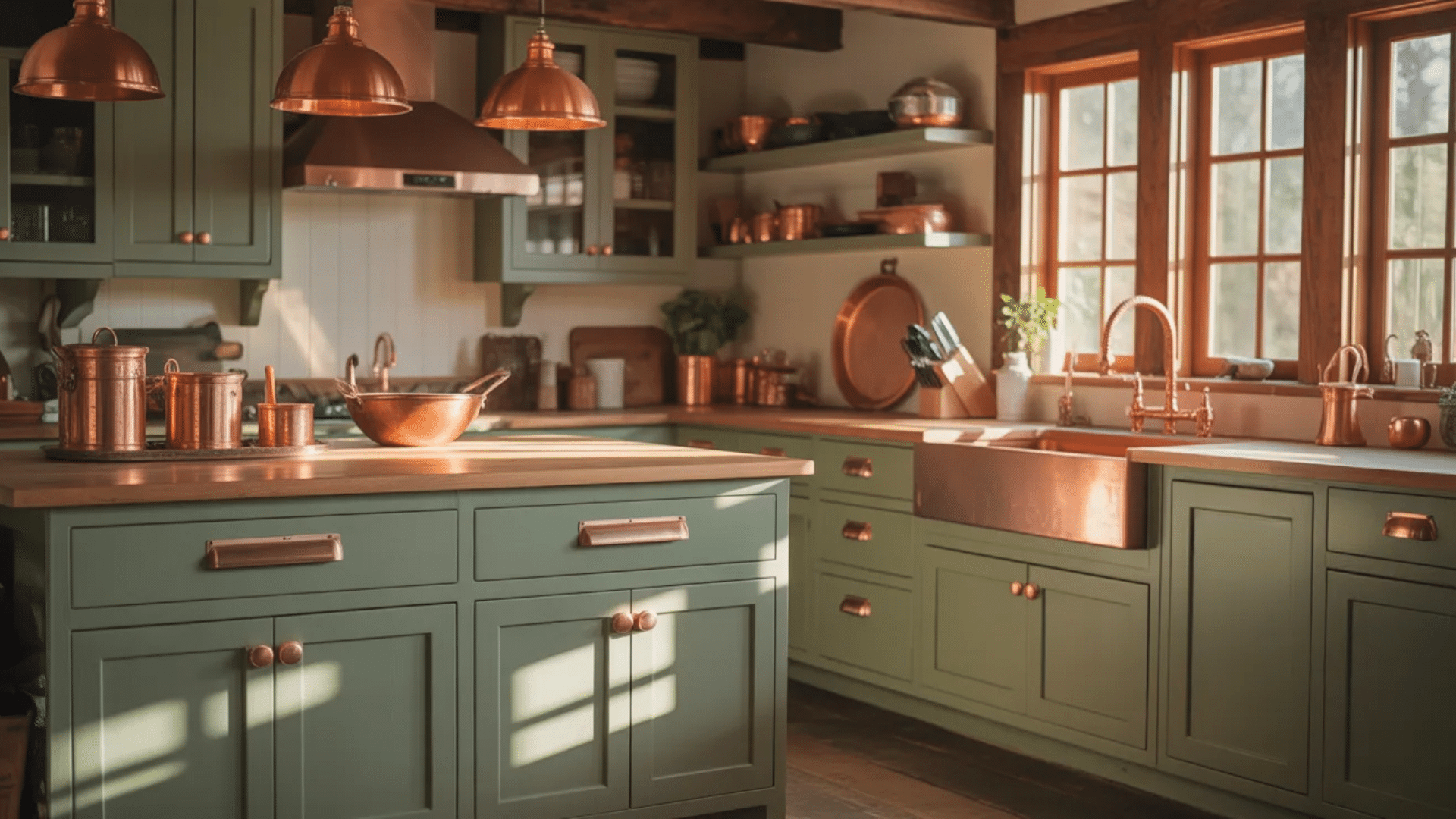 Sage green cabinets with copper accents adding warmth and character to rustic kitchen