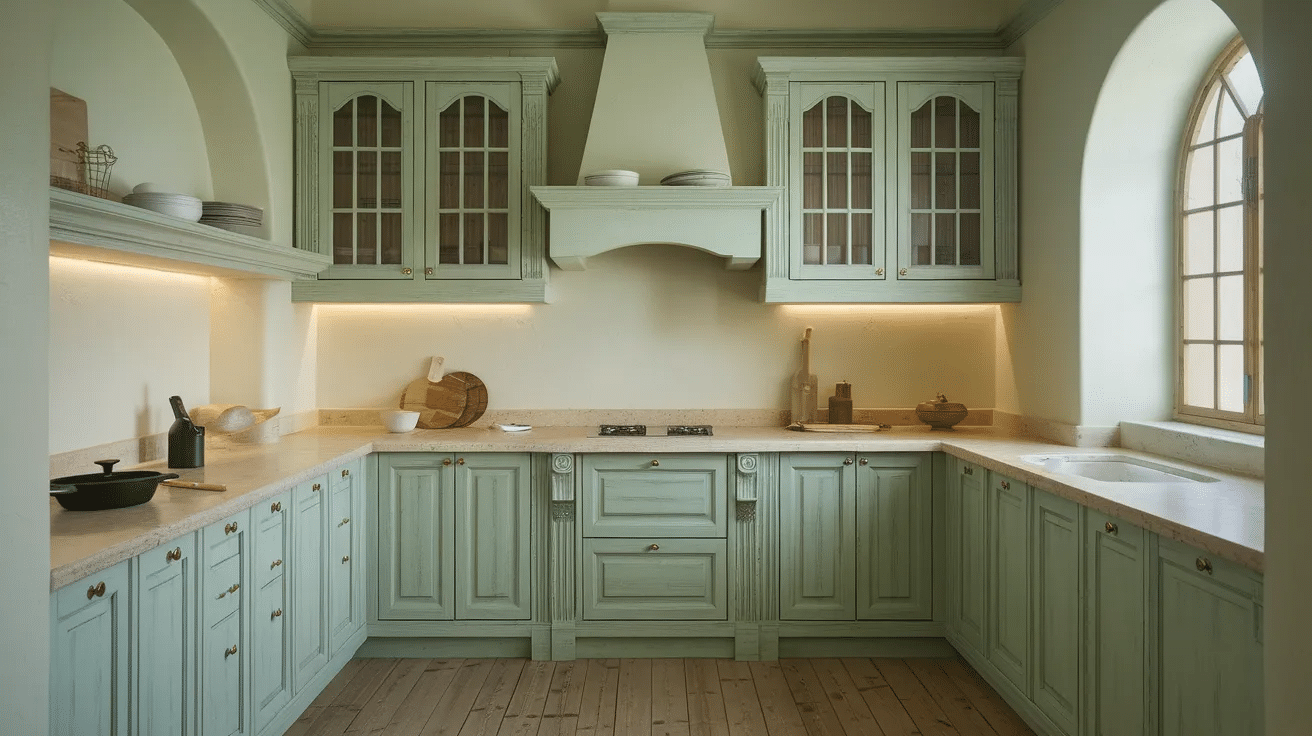 Sage green cabinets with cream accents creating a soft and cozy rustic kitchen look