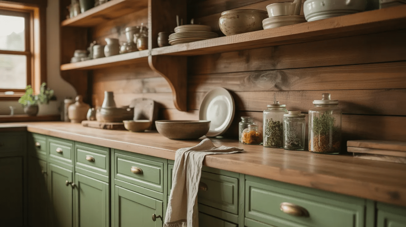 Sage green cabinets with open shelving creating a relaxed and airy rustic kitchen