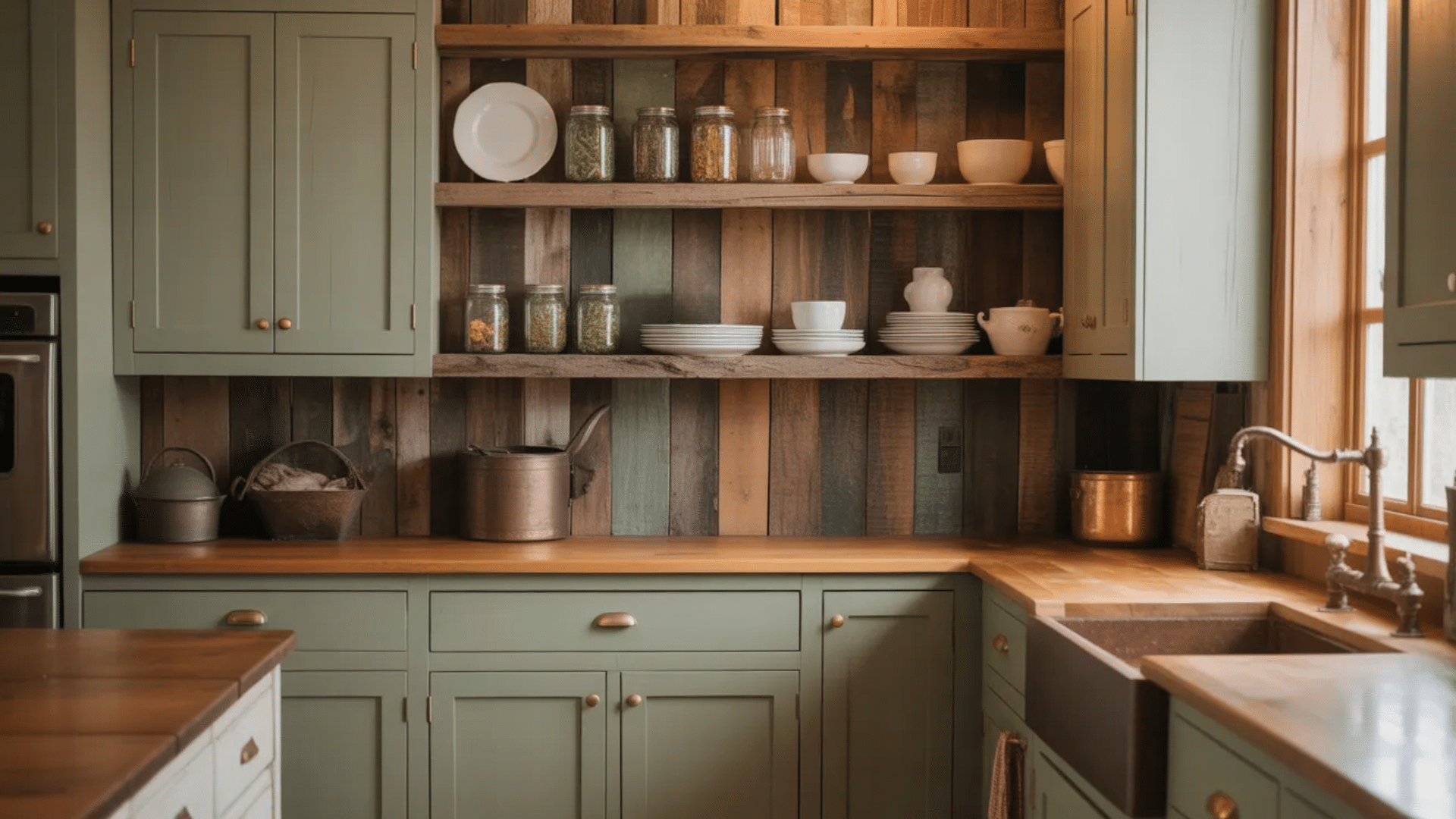 Sage green cabinets with reclaimed wood shelves adding warmth and texture to rustic kitchen