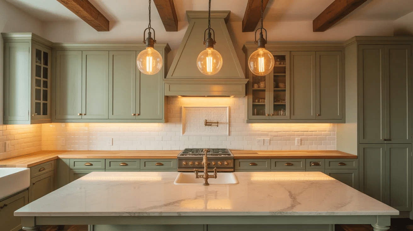 Sage green cabinets with statement lighting creating a warm and inviting rustic kitchen