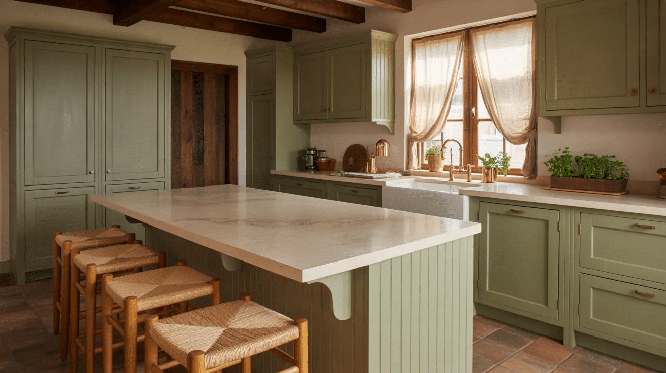Sage green cabinets with stone countertops creating a balanced and earthy rustic kitchen