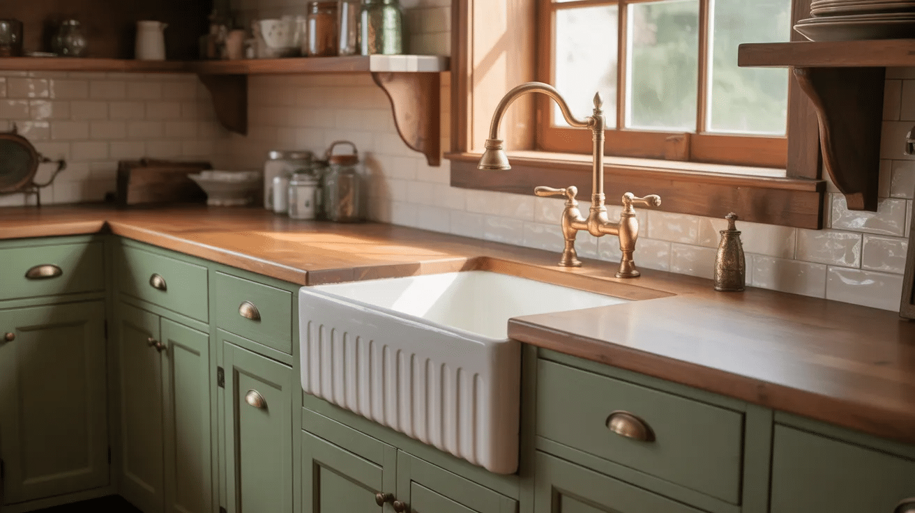 Sage green cabinets with vintage faucet adding charm to rustic kitchen space