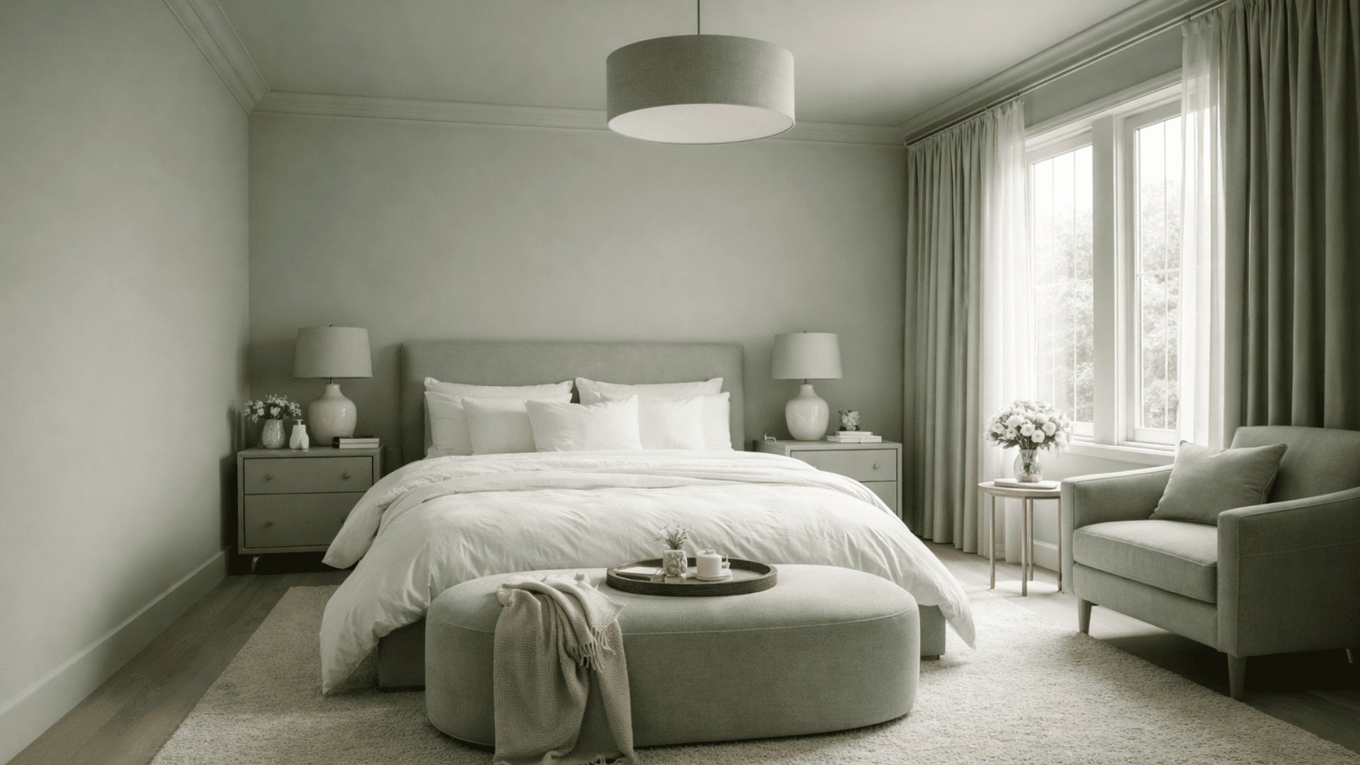 Sage green color-drenched bedroom with white bedding, matching walls and ceiling, soft light, cozy armchair, and minimalist decor.