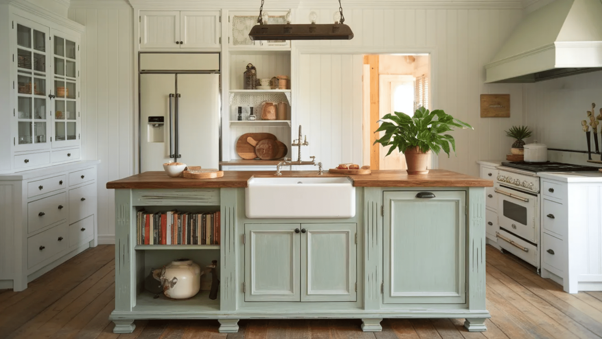 Sage green island with neutral cabinets creating a focal point in rustic kitchen