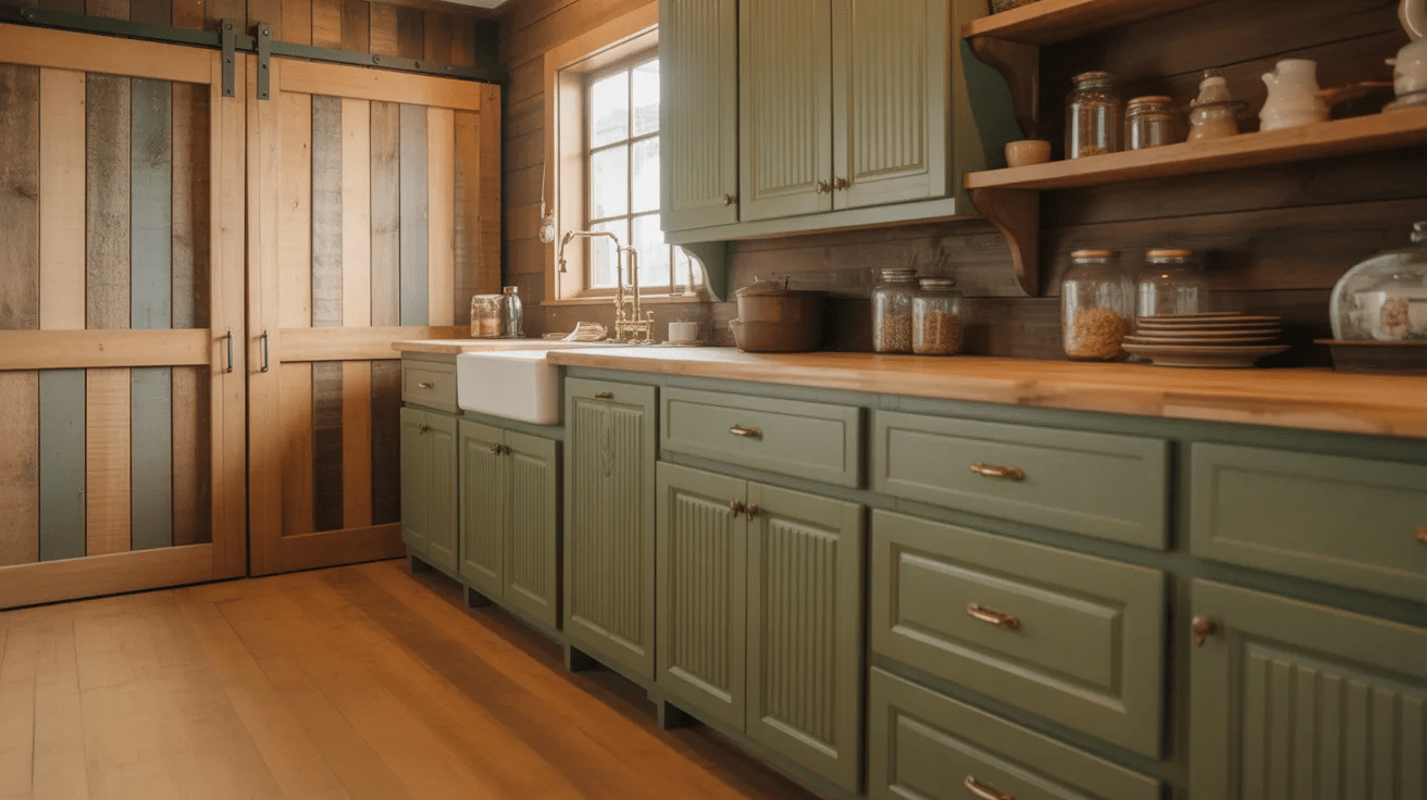 Sage green kitchen with barn door pantry adding rustic charm and texture