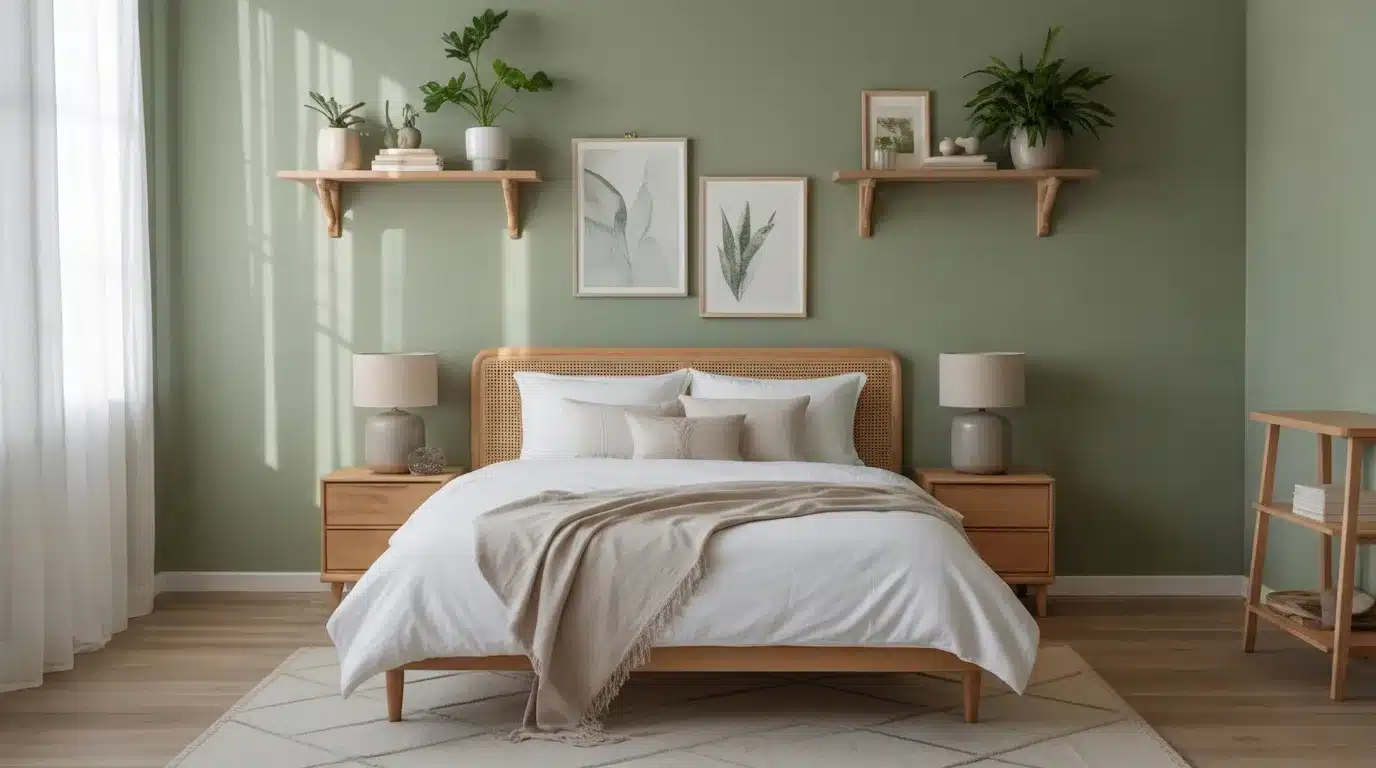 Sage green walls, wood furniture, and indoor plants creating a calm and earthy aesthetic room idea