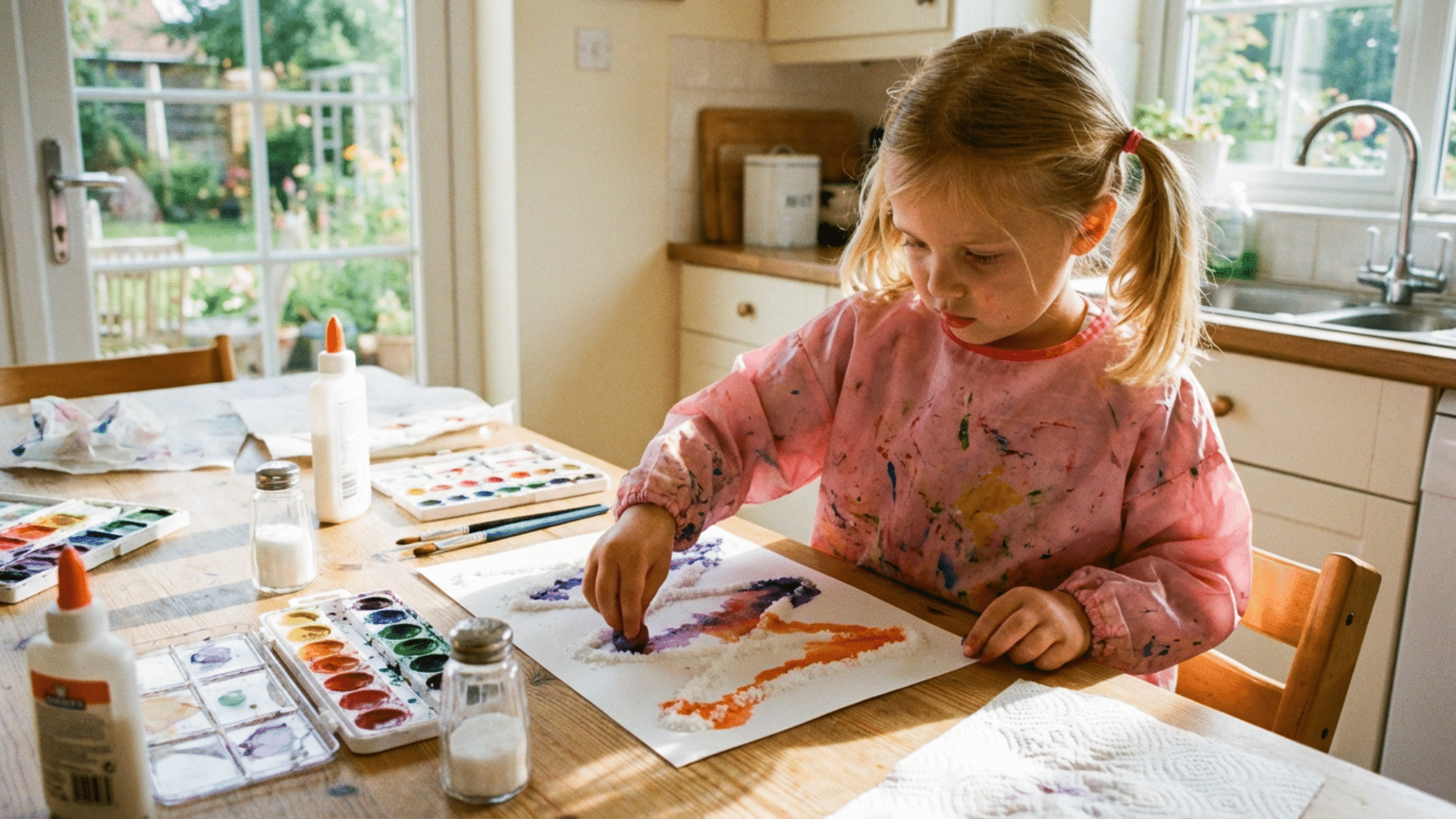 Salt texture painting creating raised colorful designs