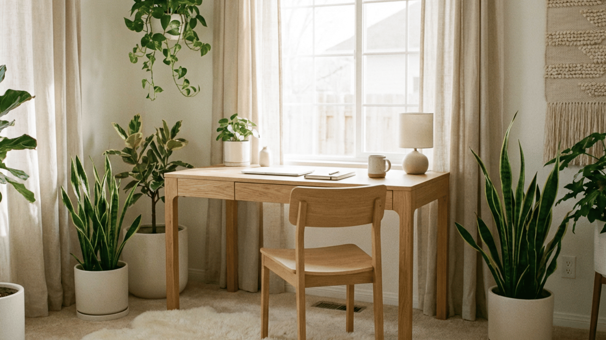 Scandinavian home office with light wood desk and plants