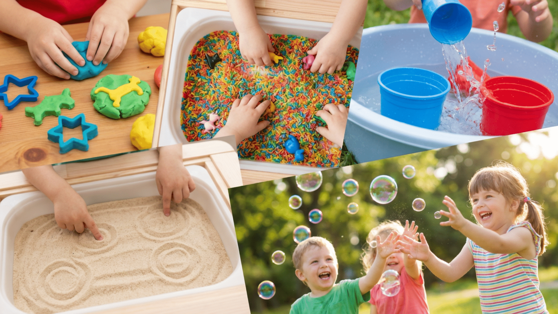 Sensory activities for toddlers like play dough, rice sensory bins, and water pouring games