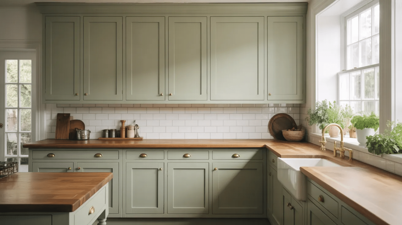 Shaker-style sage green cabinets with wood counters in a simple rustic farmhouse kitchen