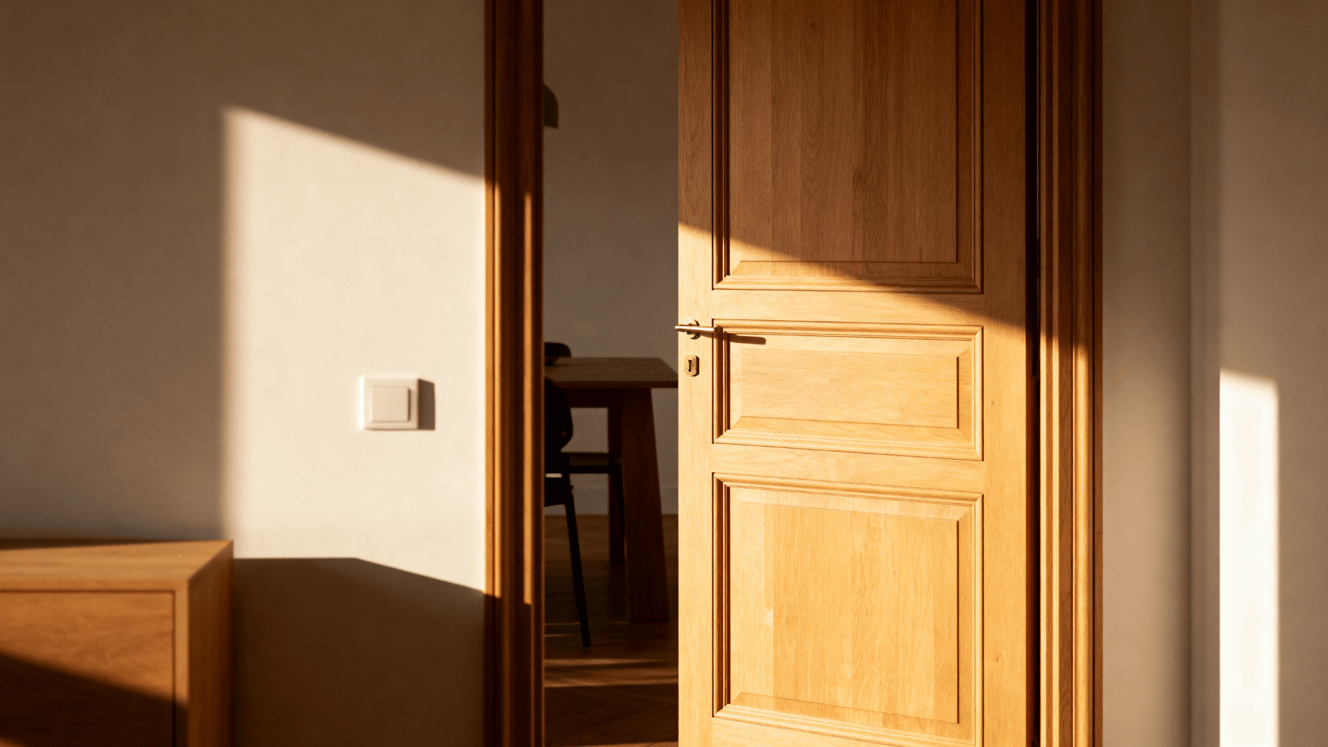 Shaker-style wooden door with recessed panels, partially open with warm sunlight casting shadows in a minimalist interior room