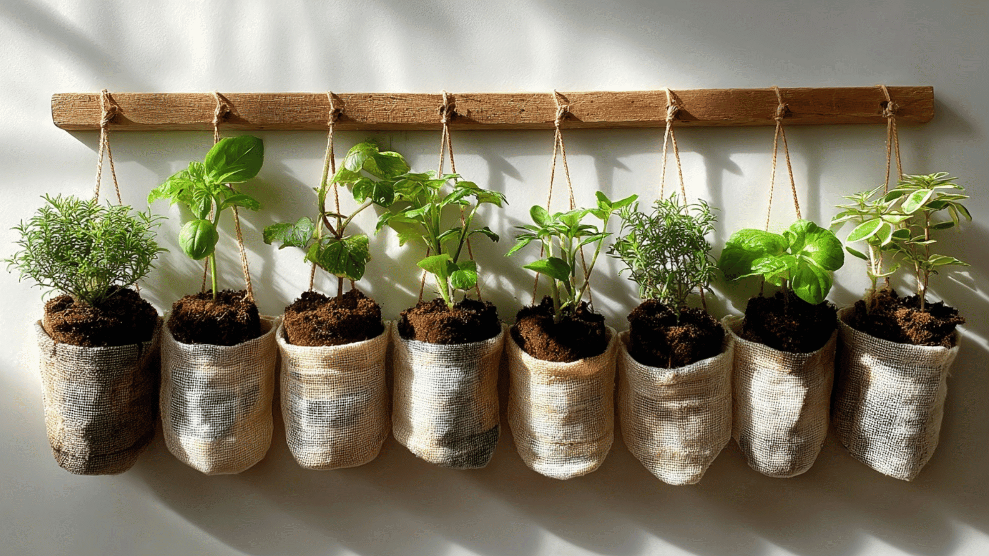 Shoe organizer used as a vertical garden with small plants in each pocket