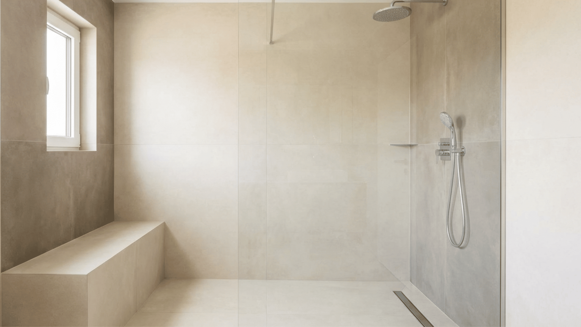 Shower with built-in bench seating for comfort and easy use