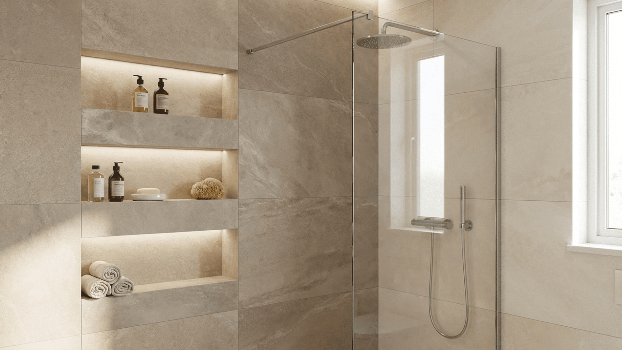 Shower with built-in niches for neat and organized storage