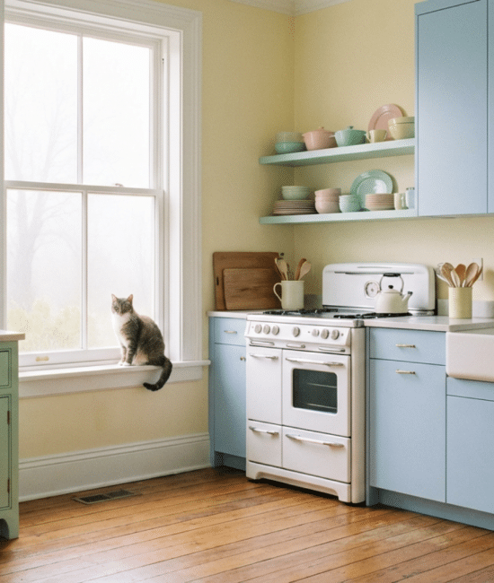 Side-by-side kitchen showing inset cabinets with visible frames and overlay cabinets with seamless doors