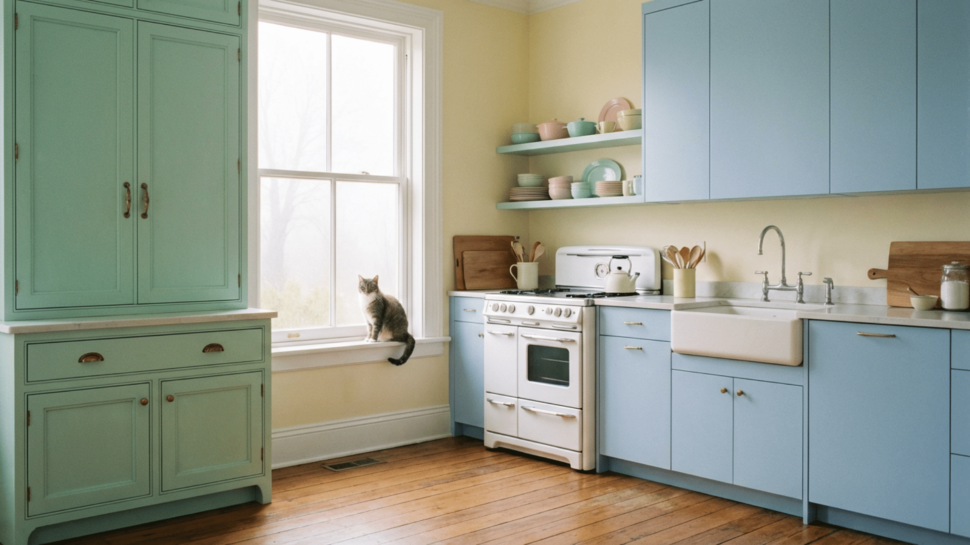 Side-by-side kitchen showing inset cabinets with visible frames and overlay cabinets with seamless doors