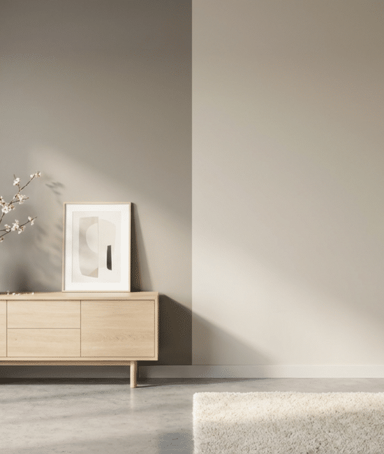 Side-by-side wall comparison showing matte and flat paint finishes under soft lighting in a modern room