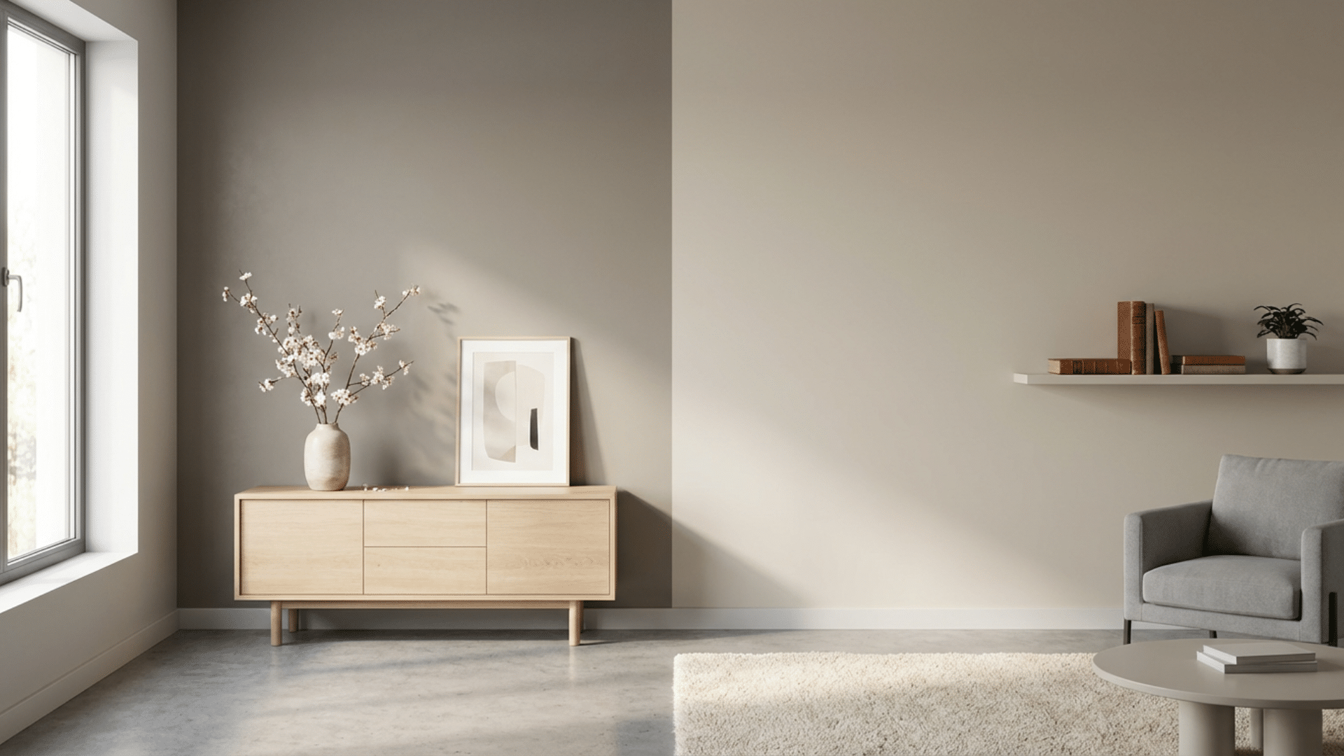 Side-by-side wall comparison showing matte and flat paint finishes under soft lighting in a modern room