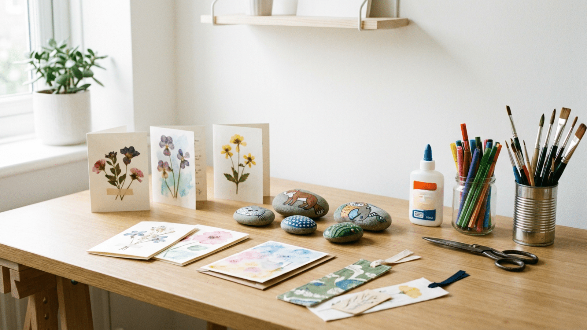 Simple beginner crafts like cards, bookmarks, and painted stones arranged on a clean table