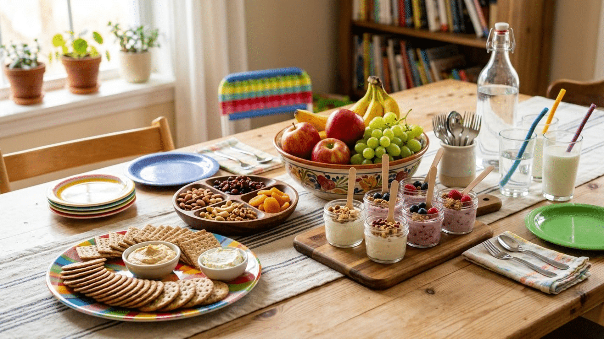 Simple snacks like crackers, yogurt, fruits, and nuts arranged on a table
