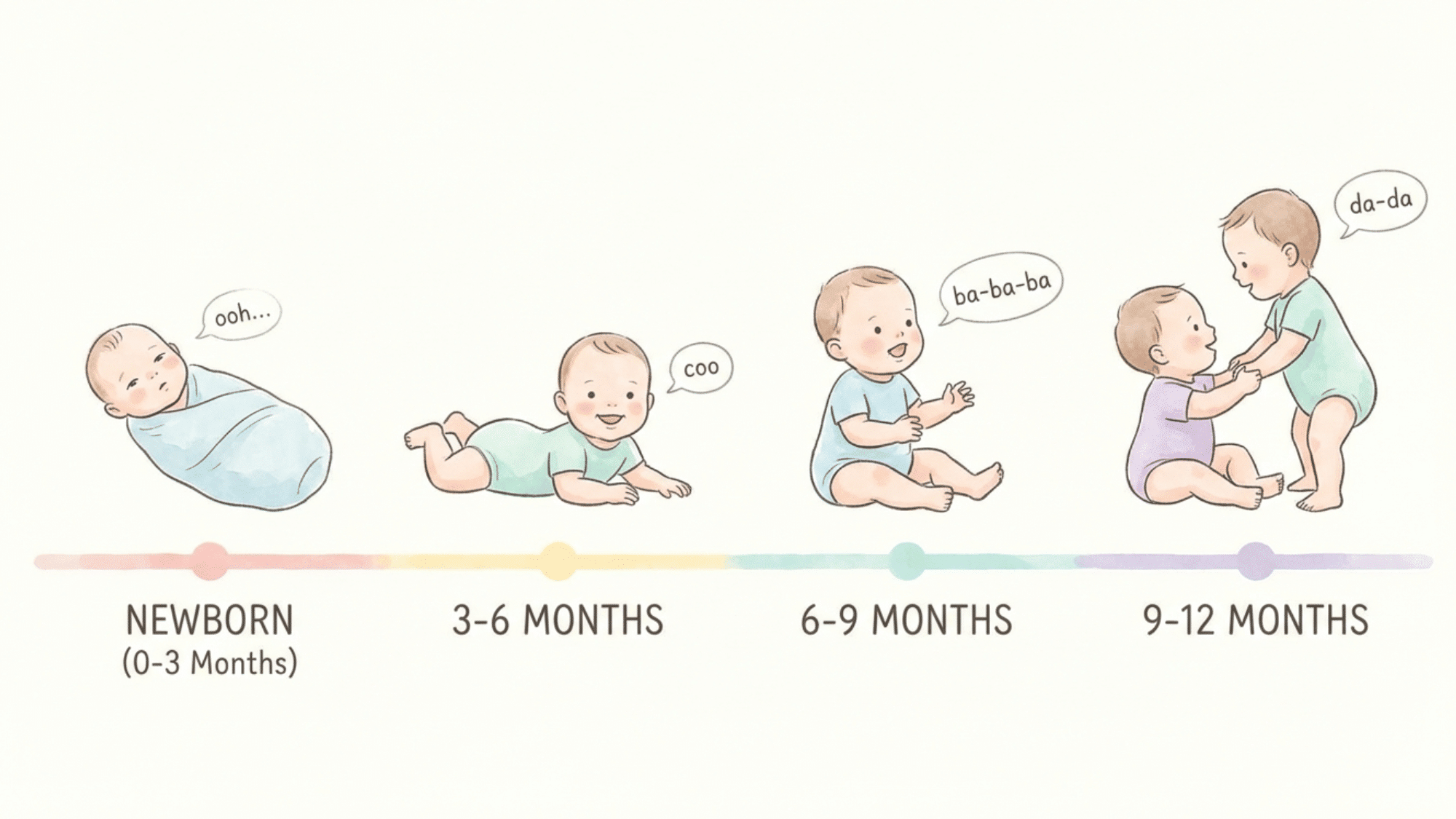 Simple timeline showing baby sound development from newborn to one year