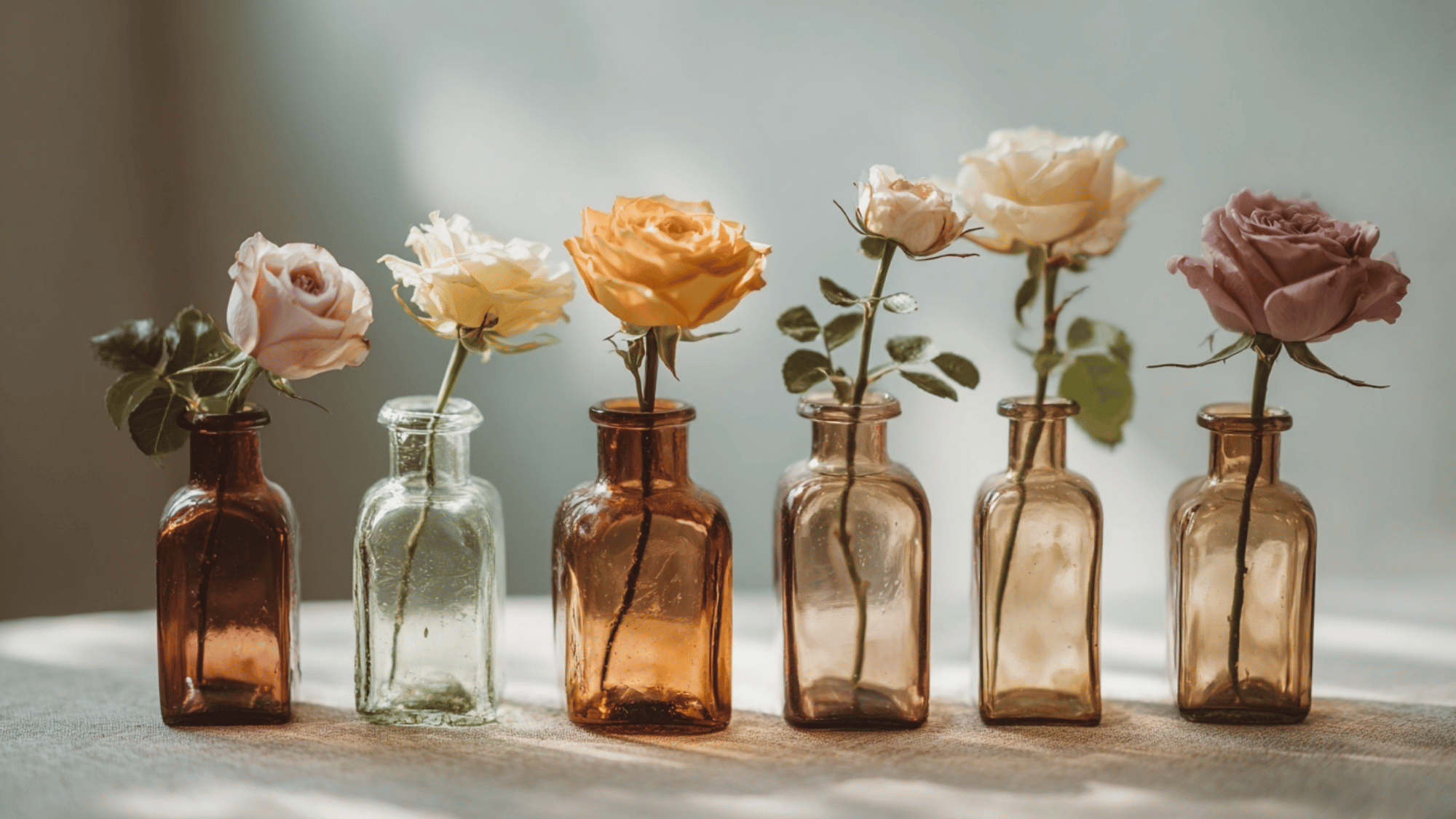 Single roses in vintage glass bottles arranged on a table