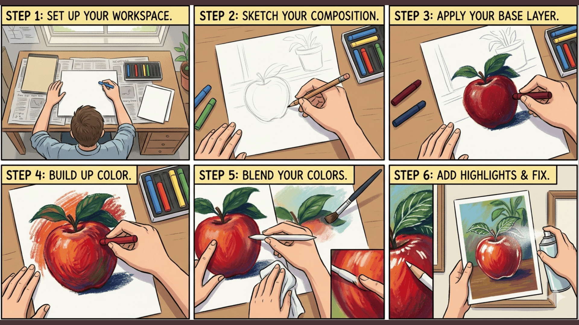Six-panel guide showing oil pastel steps setup, sketching, base layer, layering, blending, and applying final highlights.