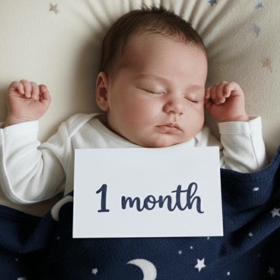 Sleeping baby wearing a white onesie rests on a light pillow under a navy moon and star blanket while holding a 1 month sign.