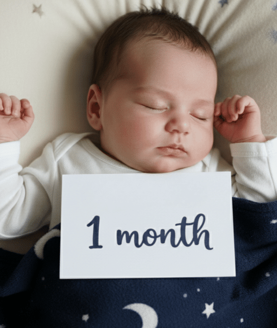 Sleeping baby wearing a white onesie rests on a light pillow under a navy moon and star blanket while holding a 1 month sign.