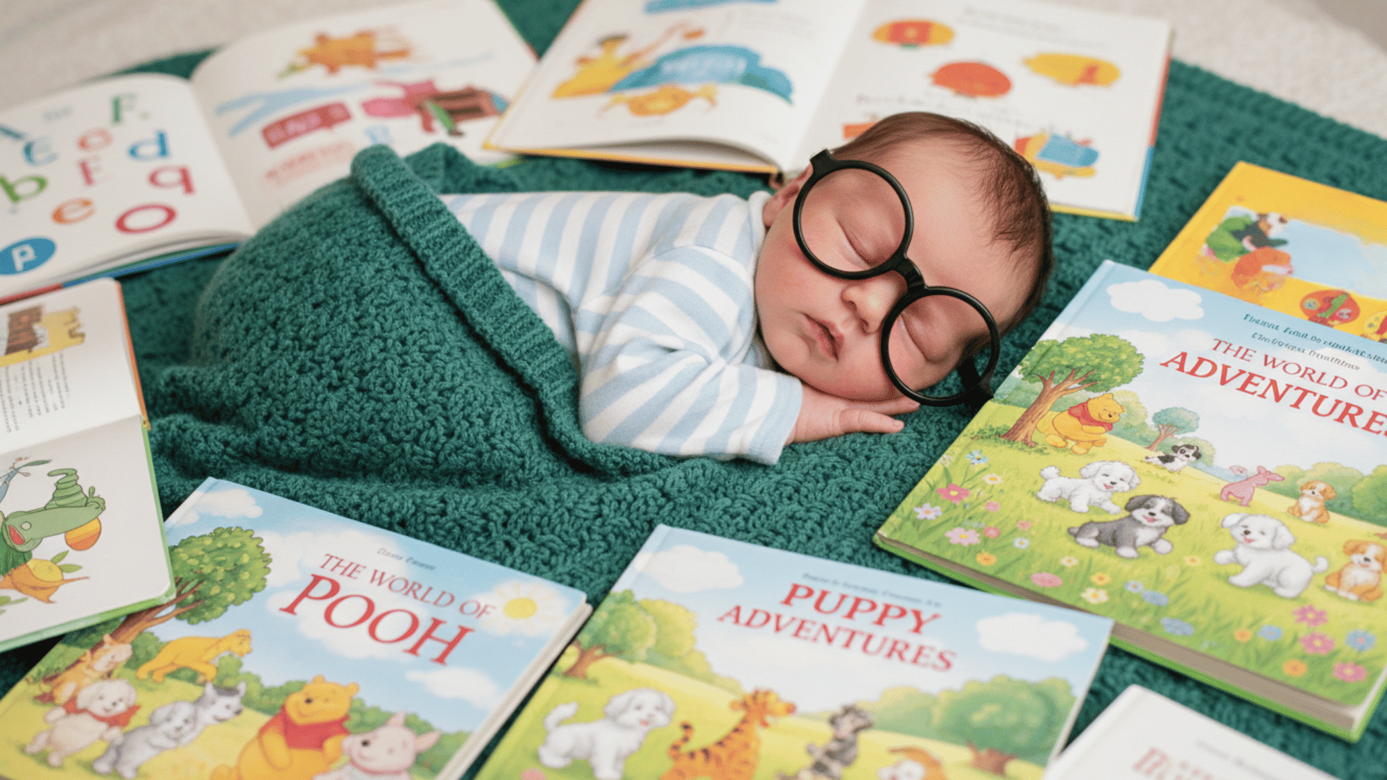 Sleeping newborn baby wearing oversized black glasses nestled in a green crocheted blanket surrounded by colorful children's books.