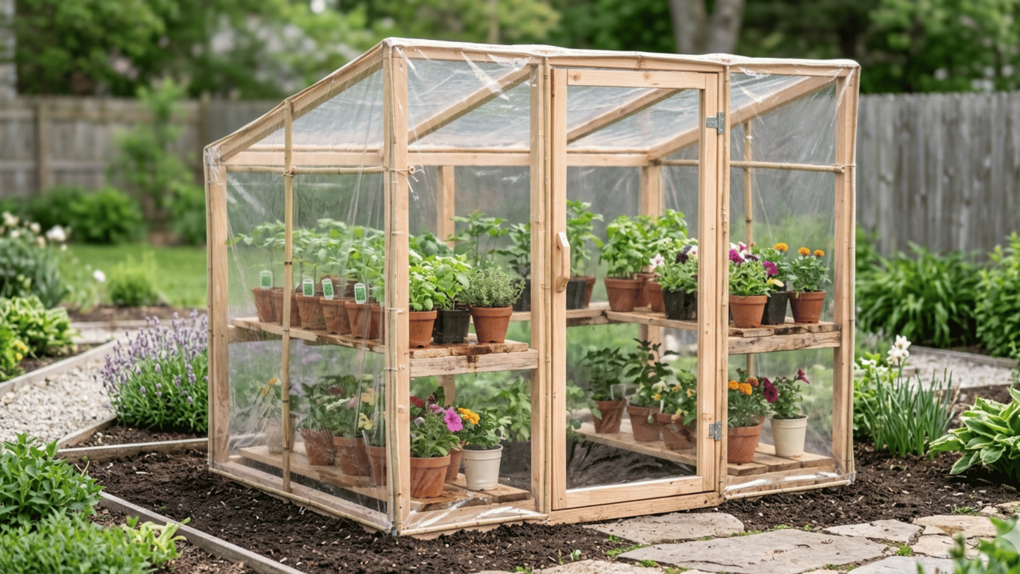 Small DIY greenhouse with plastic cover and plants inside in a simple garden