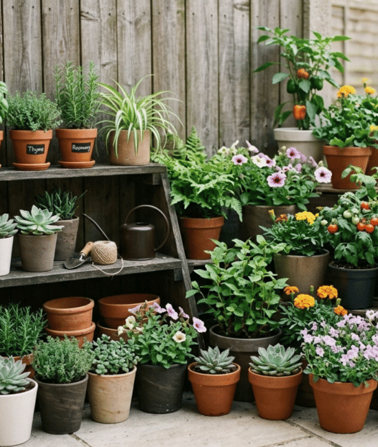 Small corner garden with neatly arranged plants in a compact space