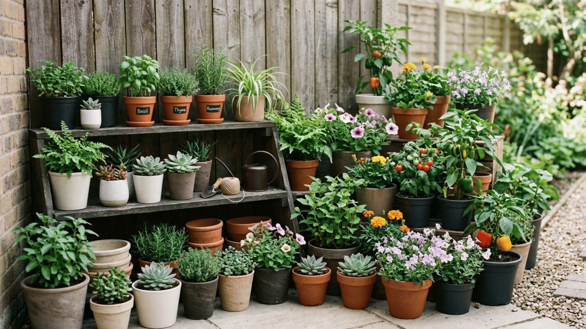 Small corner garden with neatly arranged plants in a compact space