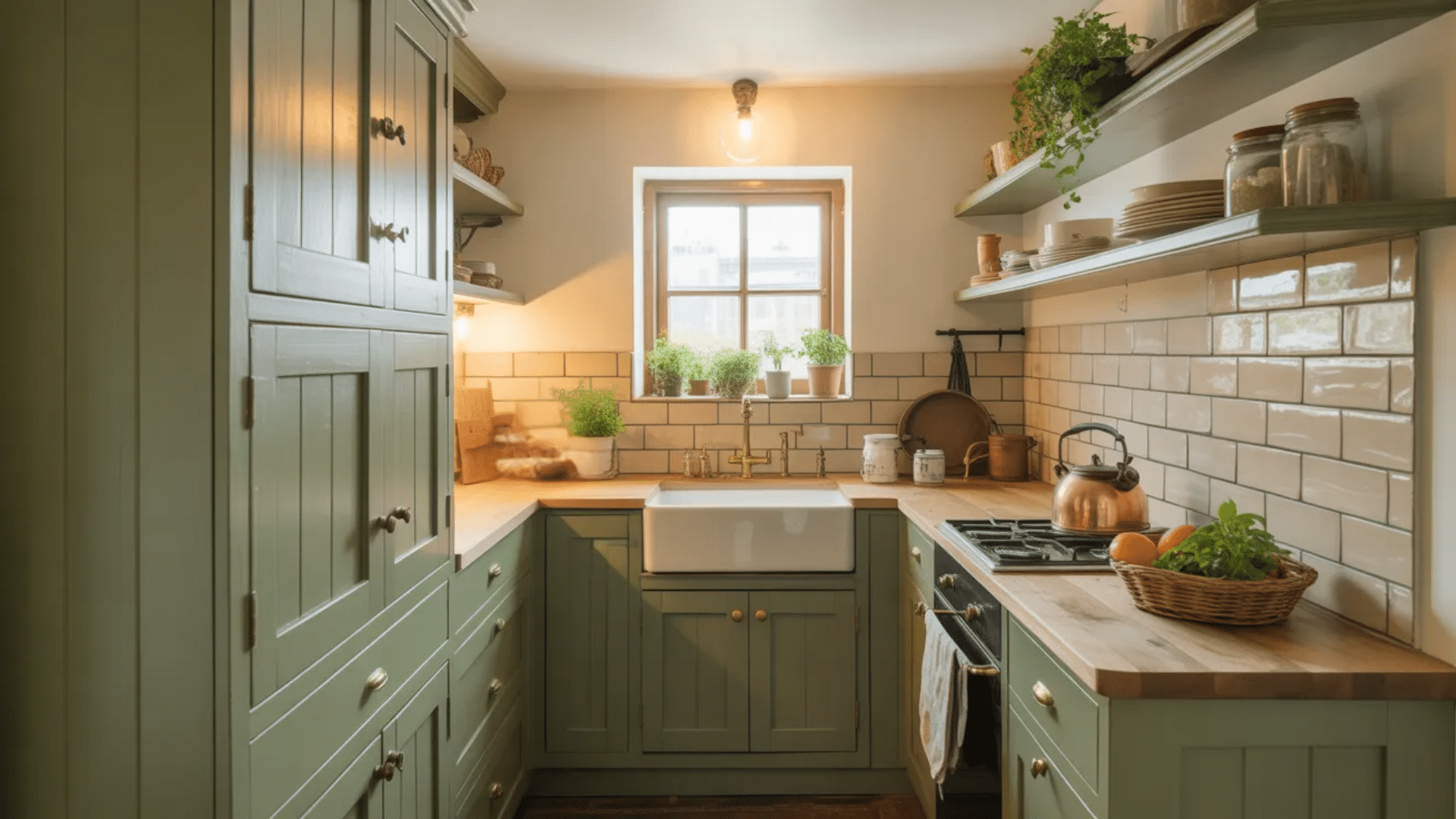 Small kitchen with sage green cabinets creating a bright and cozy rustic space