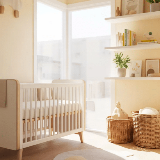 Small nursery with mini crib, floating shelves, and neutral decor in a compact room.