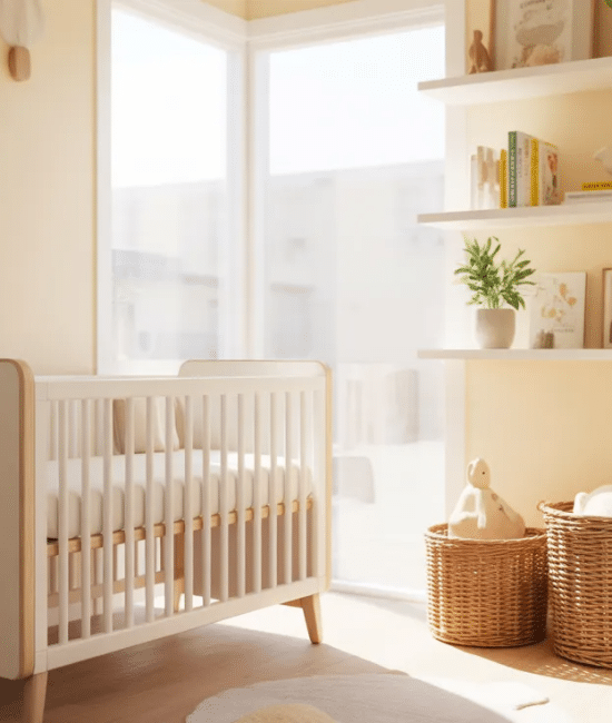 Small nursery with mini crib, floating shelves, and neutral decor in a compact room.