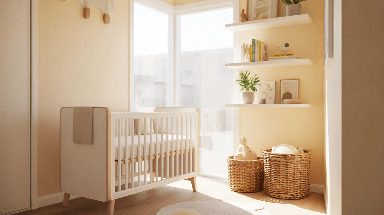 Small nursery with mini crib, floating shelves, and neutral decor in a compact room.