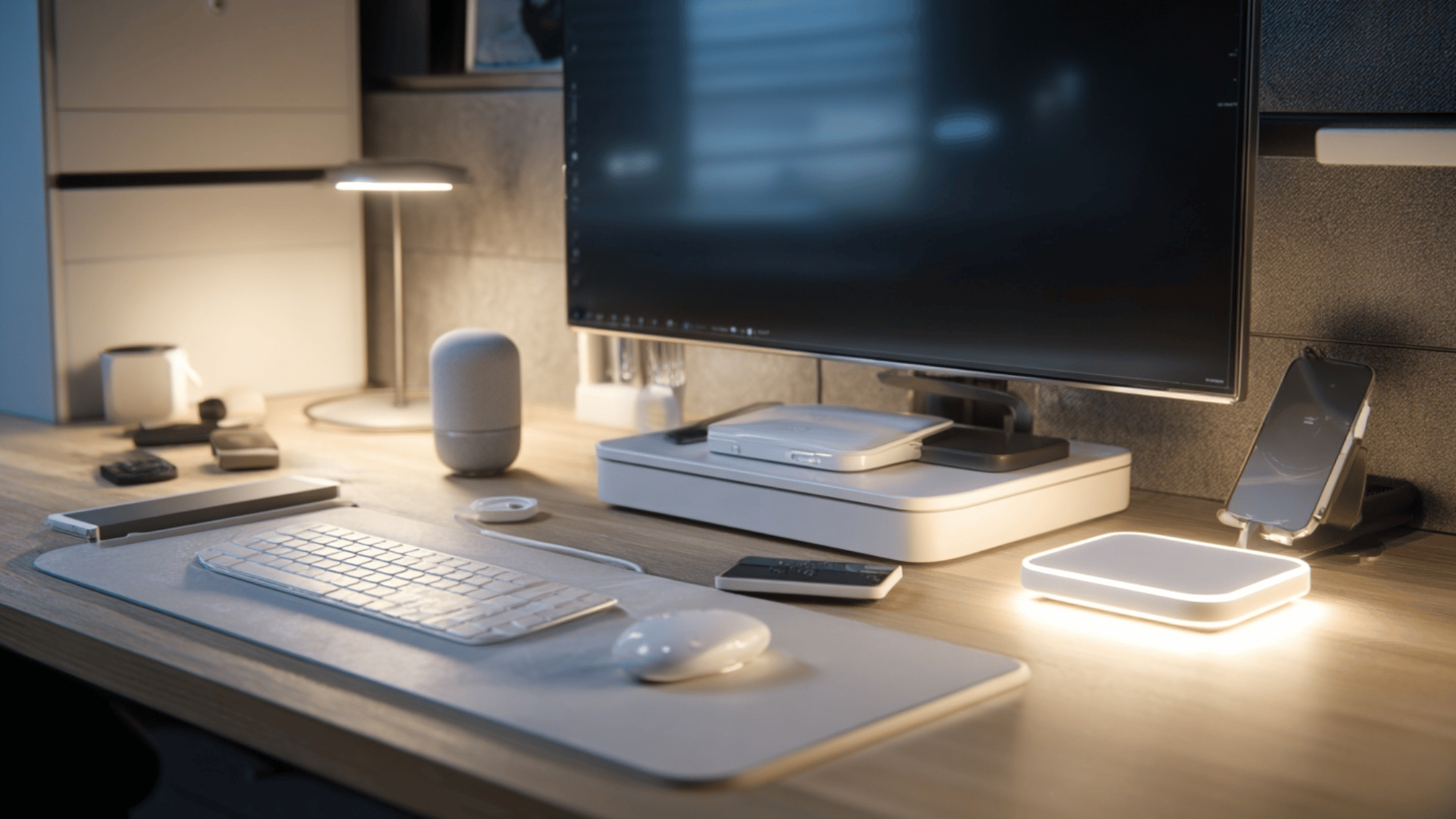 Smart home office setup with modern tech and clean desk layout