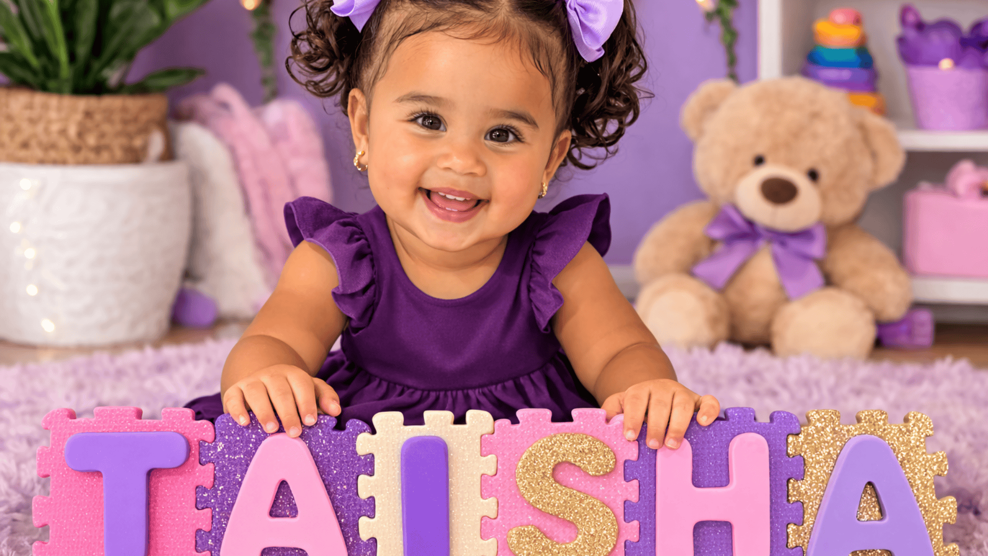 Smiling Hispanic toddler girl in a purple dress sitting on a rug behind colorful foam puzzle tiles spelling TAISHA in a purple themed room.