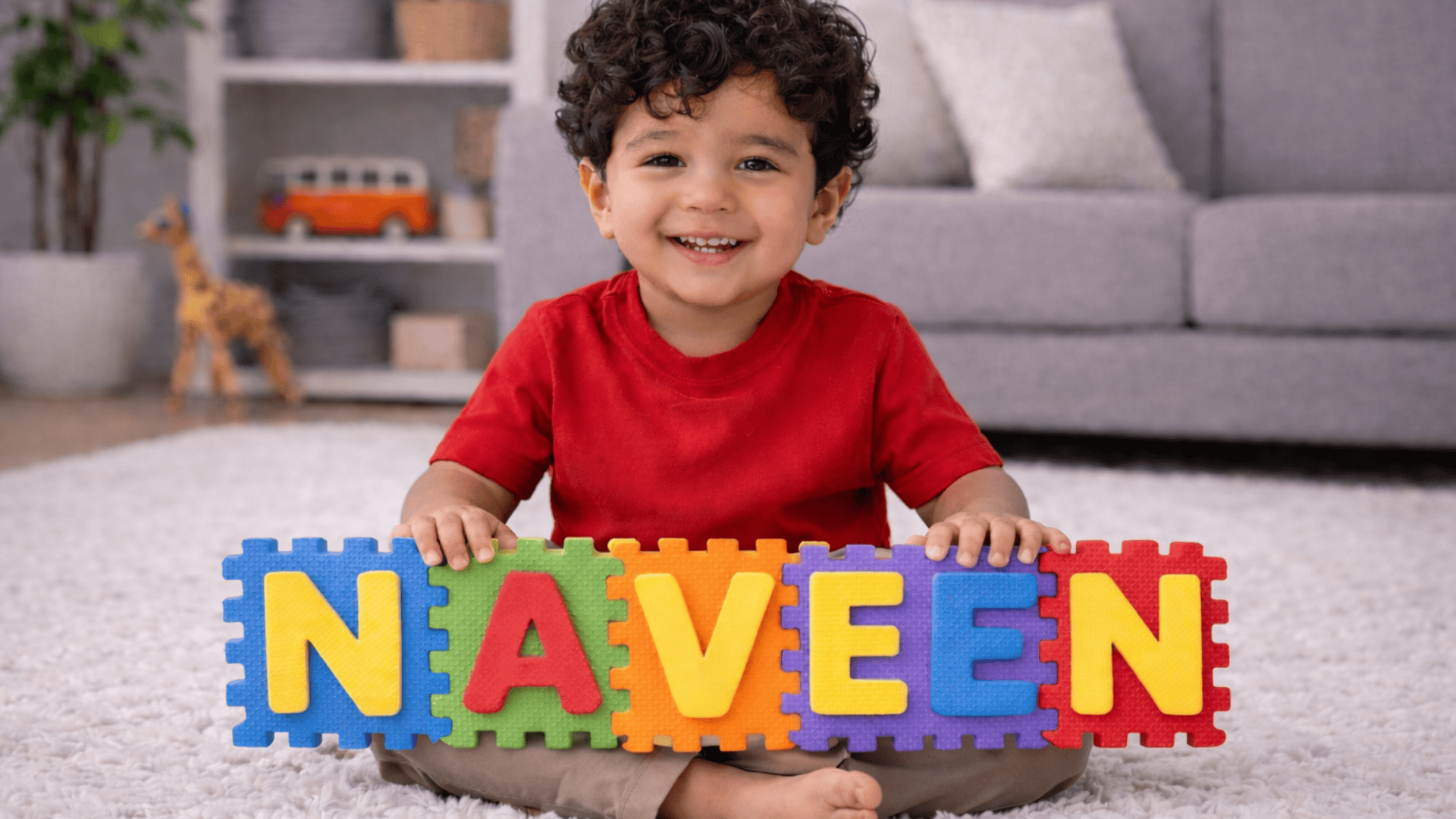 Smiling Indian boy with curly black hair sitting on a soft rug, holding colorful foam puzzle tiles spelling “NAVEEN” in a cozy living room.