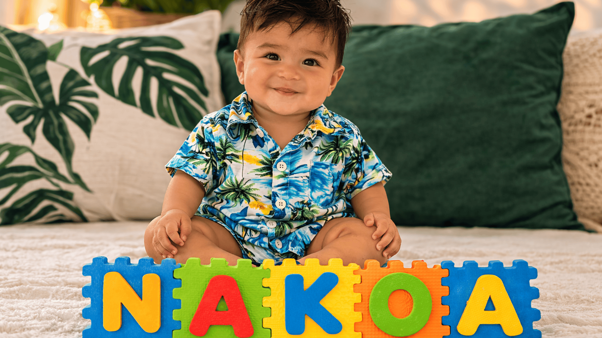 Smiling baby boy in a blue Hawaiian shirt sitting on a soft rug with colorful foam puzzle tiles spelling “NAKOA” in a cozy tropical-themed room.