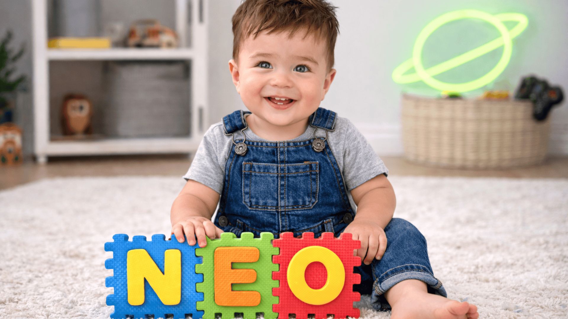 Smiling baby boy with brown hair and green eyes wearing denim dungarees, sitting on a soft rug with colorful foam tiles spelling “NEO.”