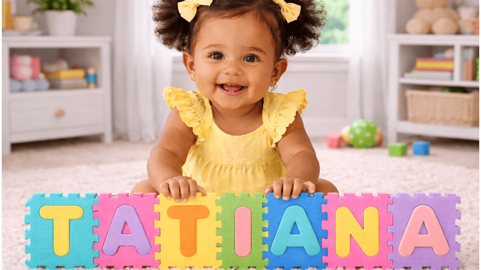 Smiling baby girl with brown eyes and curly hair sitting on a rug behind colorful foam puzzle tiles spelling TATIANA in a bright nursery.