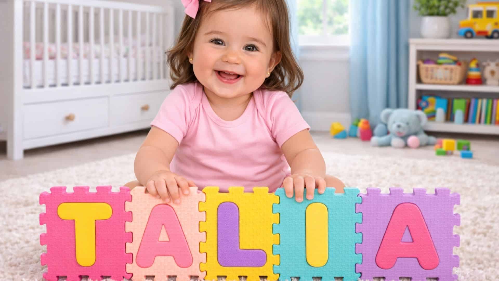 Smiling baby girl with brown hair sitting on a rug in a nursery behind colorful foam puzzle tiles spelling TALIA with toys and crib in background.